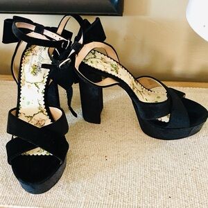 Nicola Bathie Black velvet thick chunky high sequins heels witchy goth p…